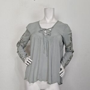 Blush Noir Gray Front Lace Up Eyelet Boho Coastal Long Sleeve Blouse Size S